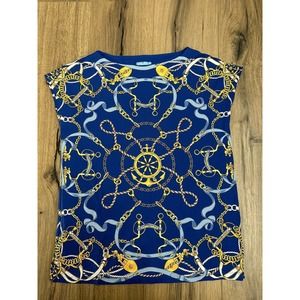 J. McLaughlin Navy and Gold Chain Print Blouse Cruise Vacation